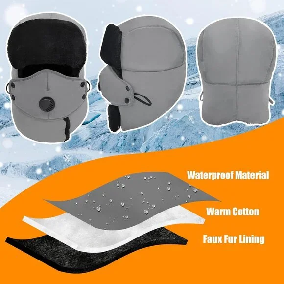 Unisex Gray Winter Trapper Hat Russian with Ear Flap Mask Aviator Cold Weather - Picture 4 of 6